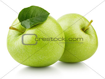 Green apples with leaf isolated on white