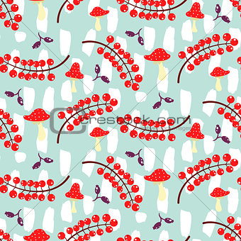 Red currant and amanita on blue seamless vector pattern.