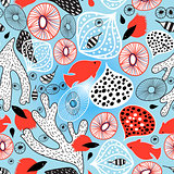 Abstract bright pattern with coral and fish 