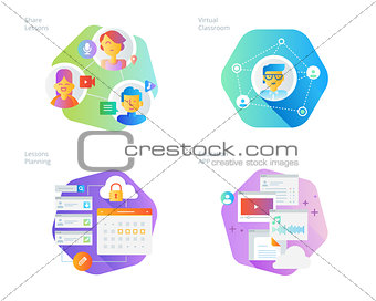 Material design icons set for online education, apps, virtual classroom, education network, lecture program for teachers