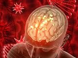 3D medical background with male figure and brain