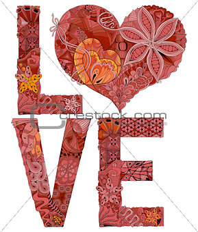 Word LOVE for coloring. Vector decorative zentangle object