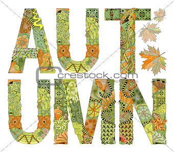 Word autumn with falling leaves. Vector decorative zentangle object