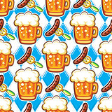 Oktoberfest Beer seamless pattern. Repeating cartoon colorful mugs of beer, and sausages. Vector