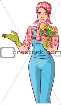Beautiful young woman gardener holding pot of flowers