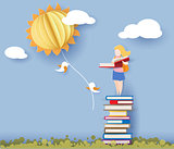 Back to school card with girl, books and sun