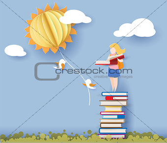 Back to school card with girl, books and sun