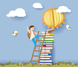 Back to school card with boy, books and sun