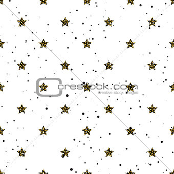 Star shape glitter gold, black and white seamless pattern.