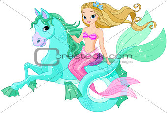 Beautiful Mermaid Riding Sea Horse