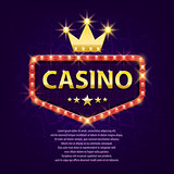 Casino retro light sign with gold crown for game, poster, flyer, billboard, web sites, gambling club. Banner billboard casino glowing background. Vector illustration