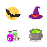 Witch cauldron and symbols.