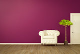 purple room with a white armchair