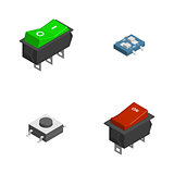 Set of different electrical buttons and switches in 3d, vector illustration.