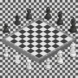 Chessboard with photorealistic pieces isometric, vector illustration.