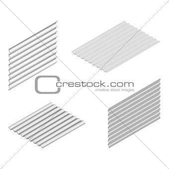 Sheet of wave slate and steel profile in isometric, vector illustration.