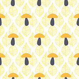 Mushroom cute seamless vector pattern. Fall cartoon leaves yellow and orange texture.