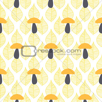 Mushroom cute seamless vector pattern. Fall cartoon leaves yellow and orange texture.