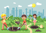 Vector illustration cartoon characters of children boy and girl planting in garden seedlings of tree, little child with water geek, taking care of ecology city in flat style for motion design