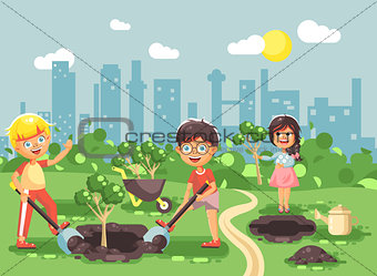 Vector illustration cartoon characters of children boy and girl planting in garden seedlings of tree, little child with water geek, taking care of ecology city in flat style for motion design