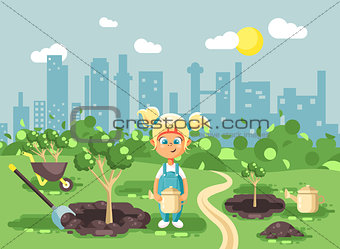 Vector illustration cartoon characters of child little blonde girl in denim overall with two tails planting in garden seedlings of tree watering from geek, taking care of ecology city flat style