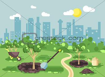 Vector illustration landscape, scenery, view, scene, planting garden seedlings of tree watering from geek, wheelbarrow, shovel, excavated pits in ground, taking care of ecology city flat style