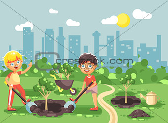Vector illustration cartoon characters of children two little boys dig hole in ground for planting in garden seedlings of tree watering from geek, taking care of ecology city flat style