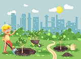 Vector illustration cartoon characters of child little lonely blonde boy digs hole in ground for planting in garden seedlings of tree watering from geek, taking care of ecology city flat style