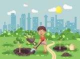 Vector illustration cartoon characters of child little lonely brunette boy digs hole in ground for planting in garden seedlings of tree watering from geek, taking care of ecology city flat style