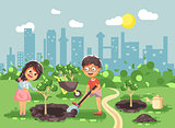 Vector illustration cartoon characters of children boy and girl dig hole in ground for planting in garden seedlings of tree watering water from geek, taking care of ecology city in flat style