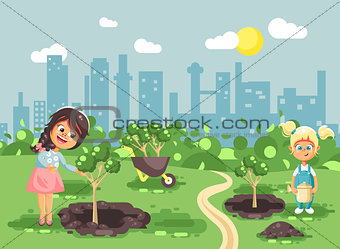 Vector illustration cartoon characters of children two little girls near dug holes in ground for planting in garden seedlings of tree watering from geek, taking care of ecology city flat style