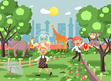 Vector illustration or banner for site with schoolchildren, classmates on walk, school zoo excursion zoological garden, boy and girl watching wild animals and birds flat style, city background