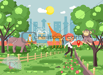 Vector illustration banner for site with schoolchild on walk, school zoo excursion zoological garden, boy redhead teases monkey, peacock, elephant, lion, tiger, giraffe, wild animals flat style