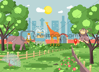 Vector illustration banner landscape, scenery, view, for site with zoo excursion, zoological garden, monkey, peacock, elephant, lion, tiger, giraffe, wild animals flat style city background