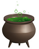 Large iron pot with green magic potion. Halloween accessory