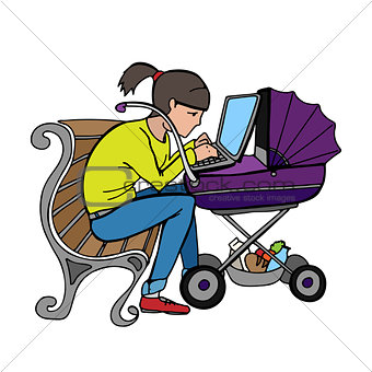 yong working mother using laptop at stroller
