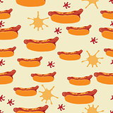 Seamless hot sog pattern with spots of mustard and ketchup 