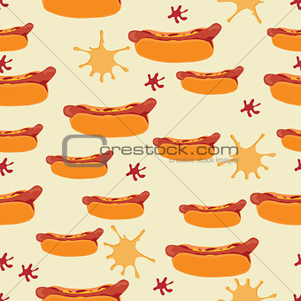 Seamless hot sog pattern with spots of mustard and ketchup 