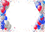 Abstract background with scattered confetti and balloons. Blank festive holiday card template