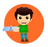 Pizza delivery vector banner, cheerful boy character with a box