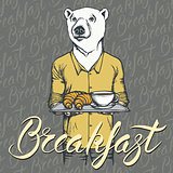 Vector Illustration of white bear with croissant and coffee