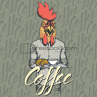 Vector Illustration of rooster with croissant and coffee