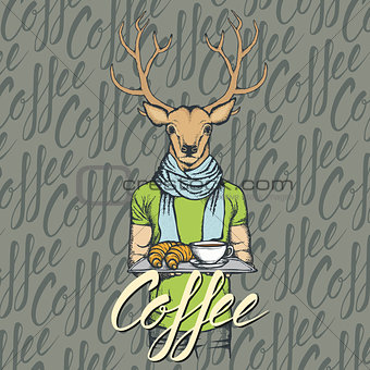 Vector Illustration of deer with croissant and coffee