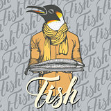 Vector penguin with fresh fish illustration