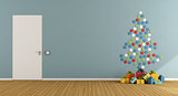 Room with christmas tree made with colorful dots