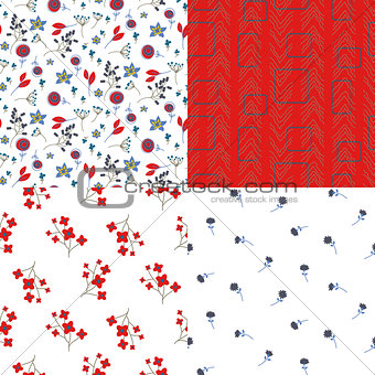 Glade filed small flowers and abstract red seamless vector pattern set.