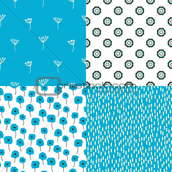 Bright blue and white flowers and abstract shape seamless vector pattern set.
