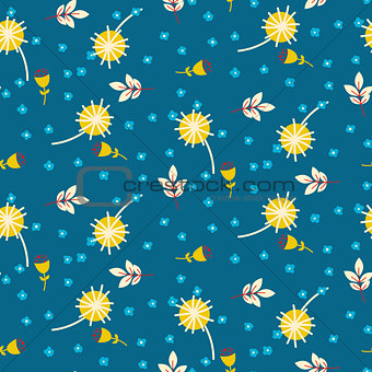 Meadow vintage flowers and branches seamless vector pattern.