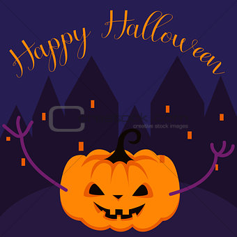 Happy Halloween spooky pumpkin greeting card vector template.