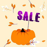 Autumn holiday sale banner with big pumpkin and fall leaves template.
